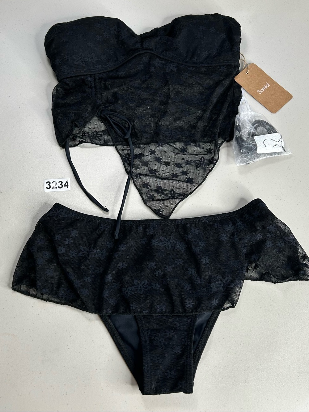 Samiol Tankini Bikini Set Small Black Flower Irregular Hem Tankini Swimwear New
